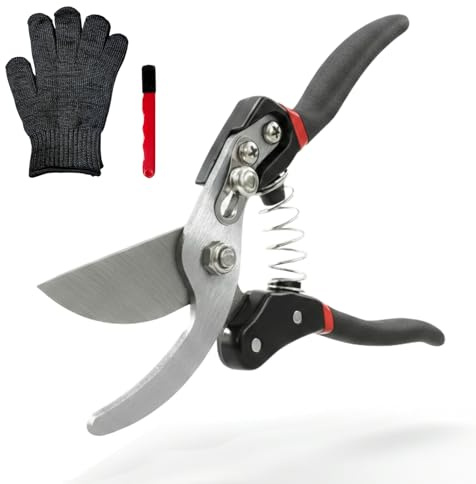 BeGrit Tijeras de podar con yunque – Juego de cuidado de jardín 3 en 1 con piedra de afilar y guantes de protección contra cortes, tijeras de podar ideales para madera muerta y ramas duras, hoja de