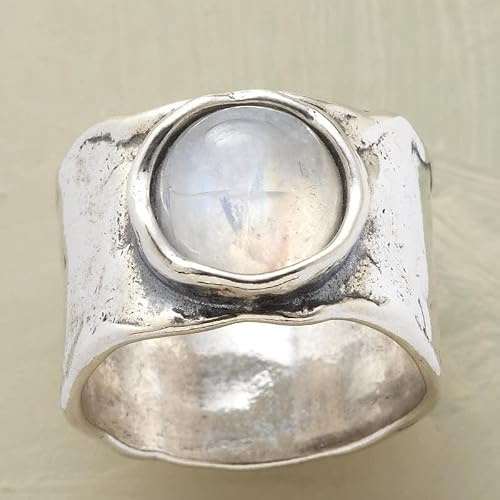 Anello a fascia larga in argento Sterling 925 con pietra di luna rotonda in stile vintage, taglio quadrato, stile punk, minimalista, vintage, bohémien, rettangolare, pietra di luna, esagerato, stile