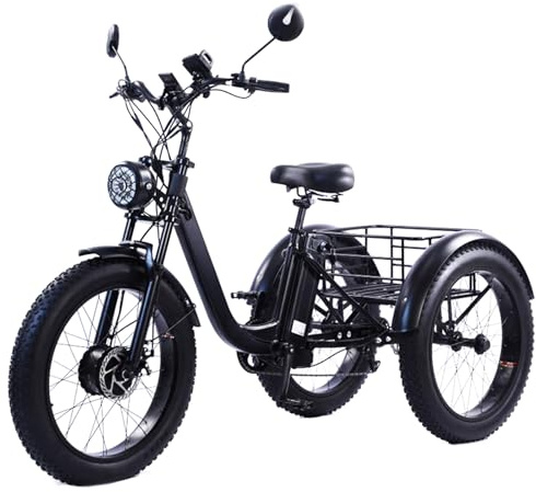 Elektrisk trehjuling med stora däck, 24 tums lastcykel, 3-hjulig lastcykel med pedalassistans för vuxna med funktionshinder, robust, 200 kg lastkapacitet med korg.