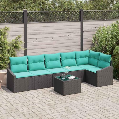 Ziaphsol trädgårdsmöbler set med kudde 7 delar svart poly rotting loungegrupp matgrupp för terrass balkong trädgård utomhusmöbler med höjdjusterbart bord, väderbeständigt och modulärt