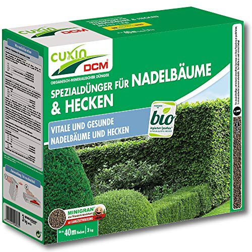 CUXIN DCM Spezialdünger für Nadelbäume & Hecken - Spezialdünger - Langzeitdünger - Mit MINIGRAN® TECHNOLOGY - Für gesunde Nadelbäume - Bio - organisch-mineralischer Dünger - 3 kg
