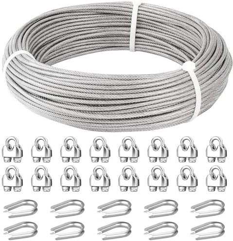 Fshihine Stahlseil 5mm, 45M 304 Edelstahl Drahtseil, 7x19 Litzenkern Stahlseil mit M5 Kabelklemmen & Fingerhut,1600kg Bruchfestigkeit, Drahtseil Set für Außen, Garten, Geländer