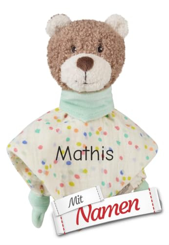 Sterntaler Schmusetuch mit Namen Bestickt - Bär BO, Kuscheltuch als Tröster für Babys, mit Rassel und Entdecker-Knoten, 23 x 7 x 6 cm, Geschenk zur Geburt
