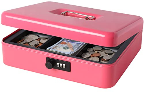Decaller QH3001L Geldkassette aus Metall mit Zahlenschloss, groß, mit Geldablage, Rosa, 29,5 x 24,9 x 8,9 cm