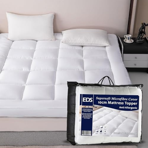 Mattress Topper Protector Single Size Bed 10cm Thick Hotel Quality Hollow Fibre Filled Box Stitched Quilted Bed Topper Pad with Strong Corner Elastic Straps (Single 90 X 190 CM)