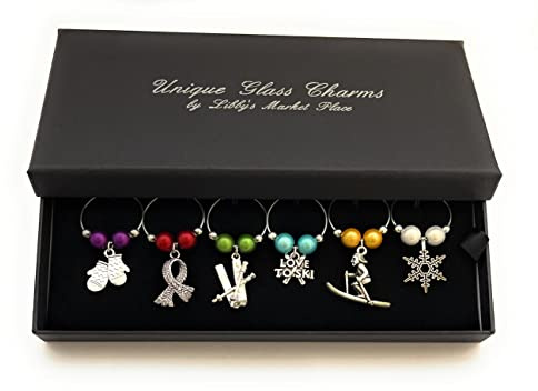 I Love To Ski, Ski Lovers Wine Glass Charms with Gift Box