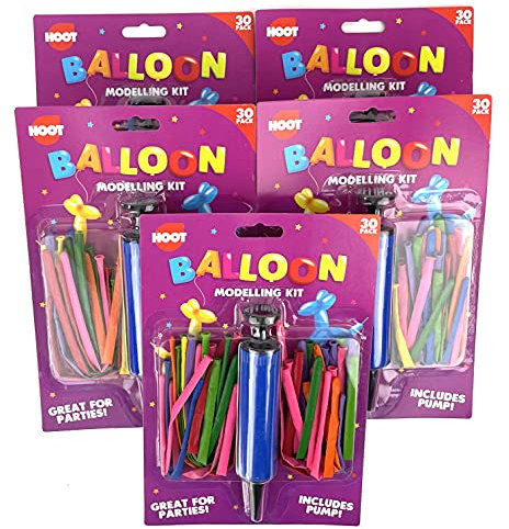 Hoot Balloon Animal Modelling Kit | 5 Sets of 30 Coloured Balloons & Pump | Kids Parties/Sleepovers/Weddings/Decorations/Party Games | 5 PACK BUNDLE