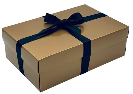 Goldene Geschenkbox mit Deckel, wählen Sie Ihre Bandfarbe, große Erinnerungs- oder Geschenkboxen, flach verpackte Geschenkboxen für Geschenke, Geburtstags- oder Babygeschenke, Größe 30 x 20 x 10 cm