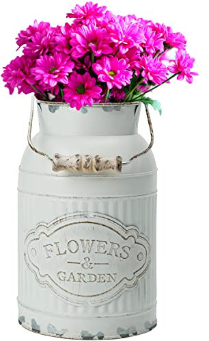 Belle Vous Vaso Fiori Rustico in Metallo Bianco - D12,8 x H20,5 cm - Secchiello Latta per il Latte Vintage Shabby Chic Zincate - Brocca Decorativa per la Casa/Matrimonio e Vasi Fiori da Giardino