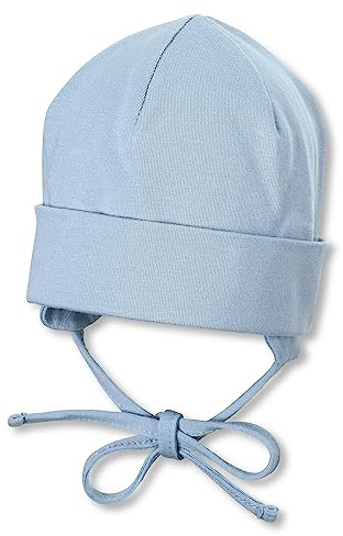 Sterntaler OCS Beanie Baby Mütze mit Ohrenklappen & Bindeband, Bio-Baumwolle, Singlejersey, Unisex, Größe 41, graublau, Mütze mit Umschlag, GOTS-zertifiziert