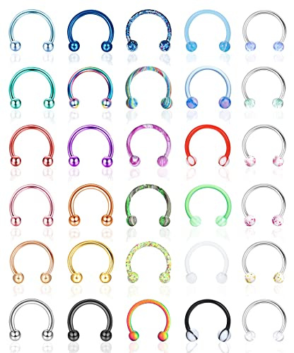 YAODCA 30 Pcs 16G Fer à Cheval Septum Anneaux en Acier Inoxydable Septum Nez Piercing Bijoux Sourcil Lèvre Anneaux Hoop Cartilage Helix Tragus Boucle d'oreille pour Femmes Hommes 8 MM 10 MM