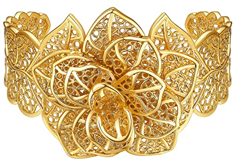 FOCALOOK Oberarmreif Gold Armband Frauen Kupfer Verstellbarer Blumenarmreif 45mm breit Armspange Oberarm Schmuck