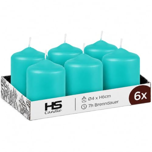 HS Candle Stumpenkerzen Türkis, 6er-Set, Ø 4 cm x 6 cm, ca. 7 h | Stimmungsvolle Wachs Kerzen für Tischdeko, Adventskranz und als Kerzen-Geschenkset – hergestellt in der EU