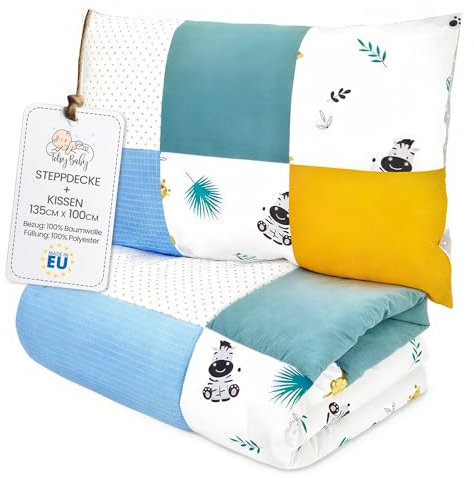Kinder Bettdecke ohne Bezug 100x135 cm - Baumwolle Baby Decke und Kissen Set Kinderdecke 100 x 135 und Kopfkissen 60 x 40 - Bettdecken Kinderbettdecke Patchwork Oeko-Tex Safari Mango