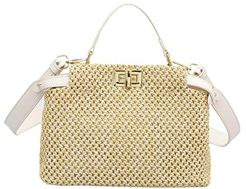 Strohtasche Strandtasche für Frauen Kleine Tragetasche Stroh Schultertasche Schicke Handtasche Umhängetasche Crossbody Tasche Geldbörsen 2023, Weiss/opulenter Garten