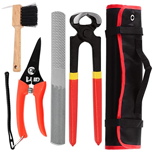 Keadic 5Ps farrier hoof trimming Tool kit with Roll Pack Contains 4 in 1 Horseshoe File Raps, 8 Horse Shoe Cutting Pliers, Multipurpose Trimmer Shears and Horseshoe Brush for Horses Cattle Sheep