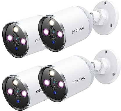 SV3C Lot de 4 caméras de surveillance extérieures 2K - Caméra de surveillance extérieure avec vision nocturne en couleur - Détection de mouvement - Audio bidirectionnel - Compatible avec Alexa, Cloud
