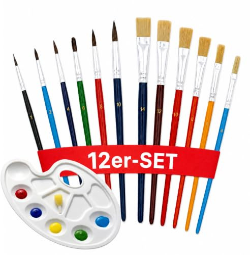 Conipa Pinselset 12-teilig mit Mischpalette, Haarpinsel & Borstenpinsel | Malpinsel-Set mit Rund- und Flachpinseln in Größen 1–14 für Acryl-, Aquarell- und Ölmalerei – für Schule, Hobby und Kunst