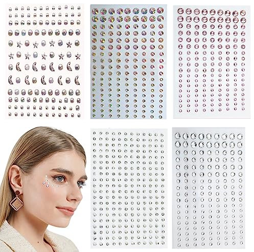 WeddHuis 870 Pz Gemme Strass Autoadesivi, Tatuaggi Temporanei Brillantini Adesivi di Gemme per Glitter Make Up per Viso Corpo Occhi, Strass Adesivi per Decorazioni per Unghie e Fai da te Creativo