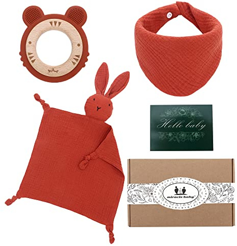Set Regalo per Bambini,Set per Dentizione Neonati,Regalo per la Doccia di Bunny Coperta di Sicurezza-Tiger Massaggiagengive Giocattolo-Bavaglino Bavagli-Biglietto di Auguri,Pacchetto Regalo-FD52835947