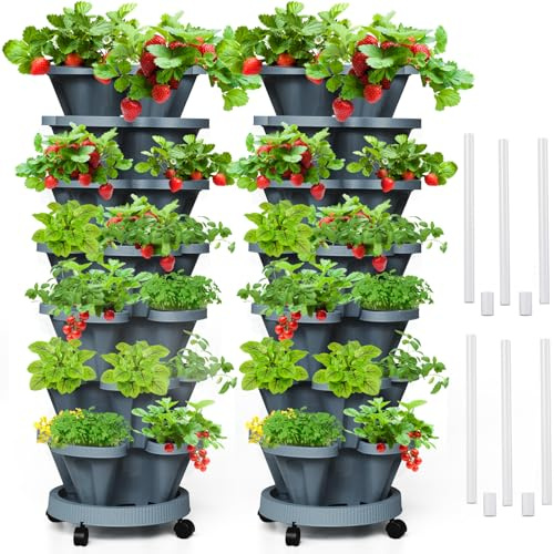 Tectsia Macetas Verticales de Fresa de 7 Niveles, Torre de jardín, Paquete de 2, Maceta apilable para Hierbas y Verduras con Poste de Soporte para Interiores y Exteriores, Color Gris Oscuro