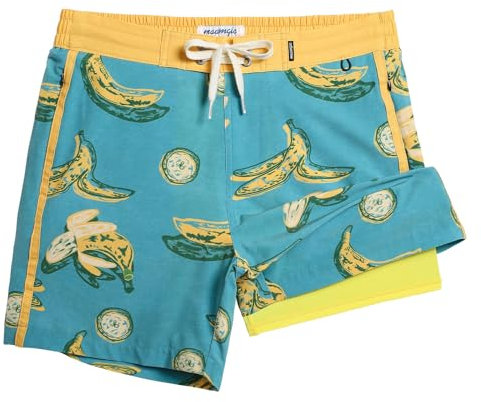MAAMGIC Herren-Badehose, 12,7 cm, Boardshorts, Vintage, Strand-Shorts, 4-Wege-Stretch, schnell trocknend, mit Reißverschlusstaschen, 2-in-1 geschälte Bananen, blau, X-Large