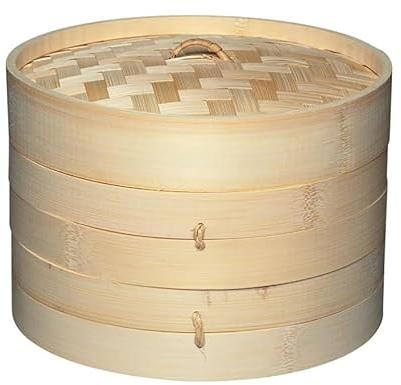 Luminexia Bambus-Dampfkorb,zweistufige Körbe mit Deckel – Dampfgarer Reiskocher,Bambus-Dampfgarer Topf,traditioneller orientalischer Stil,für Knödel,Reis,Dim Sum,Gemüse,Fisch und Fleisch (9 Größen)