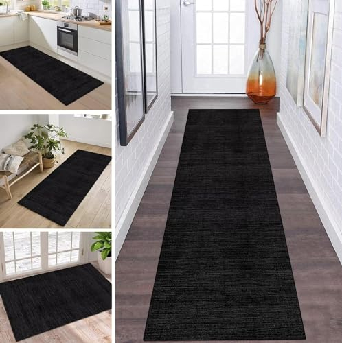 Teppich Läufer Flur Küche rutschfest waschbar Teppichläufer Lang Korridor Tepiche 70X300CM Schwarz Dunkelgrau Küchenteppich Meterware Bodenmatte Esszimmer Schlafzimmer Wohnzimmer Schmutzfangmatte