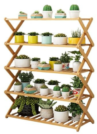 MJMLUCK 5-lagiges faltbares Pflanzenständer-Holzregal, Bambus-Pflanzenständer, Außenlagerregal/Regal, Klappregal für Außenküche, Hof, Garten, Terrasse, Balkon, Schlafzimmer