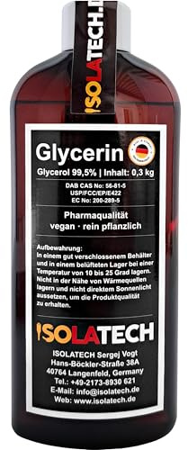 ISOLATECH Glycerin 99,5% 250ml farmaceutisk kvalitet tillverkad i Tyskland, uppmätt 99,98% ren vegetabilisk, glycerin glycerol (innehåll 300g)
