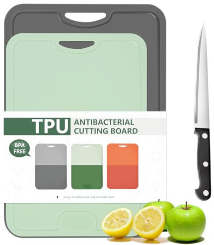 Gintan 2 Pack Flexibles TPU Schneidebrett, BPA-frei, mit Messer- und Saftrille, kratzfeste flexible Schneidebretter für die Küche, spülmaschinenfest, griffiger Griff, rutschfest (Grau+Green)