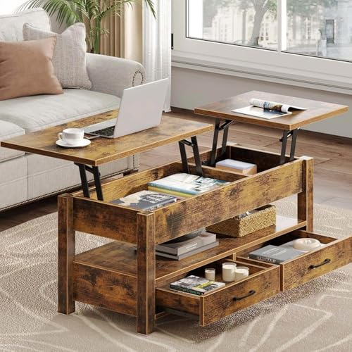 Rolanstar Couchtisch Höhenverstellbar, Couchtisch Holz mit Stauraum, Wohnzimmertisch Höhenverstellbar, Tisch Wohnzimmer Dunkelbraun mit Schublade