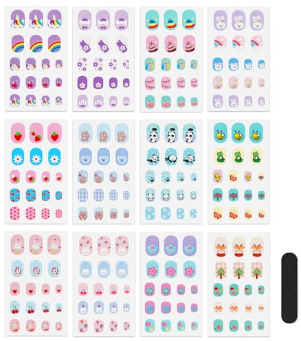 JSRQT 12 Hojas Pegatinas de Esmalte de Uñas Niños, Calcomanías Autoadhesivas Coloridas para Decoración Uñas, Tira Pegatinas de Gel para Uñas con Lima de uñas Dibujos Animados para Fiestas de Uñas DIY