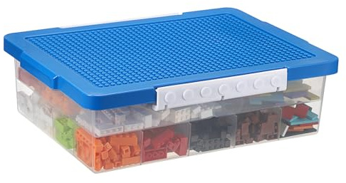 OGANAZI Plastic Building Block Bricks Storage Box Containers with Sorting Tray and Building Plate Lid, Lego Box Lego Organiser with Snap, Double Layers and 30 Compartments, Blue, 32.5 * 23.5 * 11cm