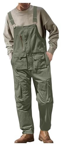 Salopette da uomo in jeans corto, tuta da uomo, tutina da lavoro, pantaloni cargo in denim rosa, salopette estive, pantaloni regolabili, casual, vestibilità ampia, S01 verde militare, M