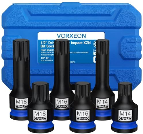 VORXEON 1/2 Embouts 12 pans Douilles à impact XZN M14 M16 M18 Douilles à chocs 6 Pièces Embout à xzn en 42CRMO Coffret douille long et court en 42CRMO Boîtier Verrouillable - Pour Clés à Choc
