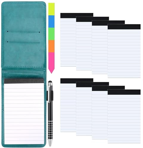 Meetory Mini bloc de notas A7, juego de 11 unidades, mini cuaderno con 8 bloques de repuesto, piel sintética, tapa negra con mini bolígrafo, bloc de notas de bolsillo para actividades al aire libre
