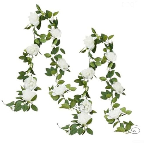 HomeVortex Künstliche weiße Rosengirlanden, 1,8 m lang, Seidenblumen-Reben für Hochzeit, Party, Heimdekoration, Innen- und Außenbereich, Wand- und Türdekoration, 2 Stück