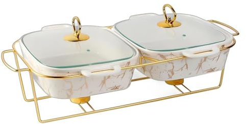 Ceramic Food Warmer Set, Chafing Dish Cookware Set with Lid, Buffet Warmers with Gold Plating, Includes Serving Dishes