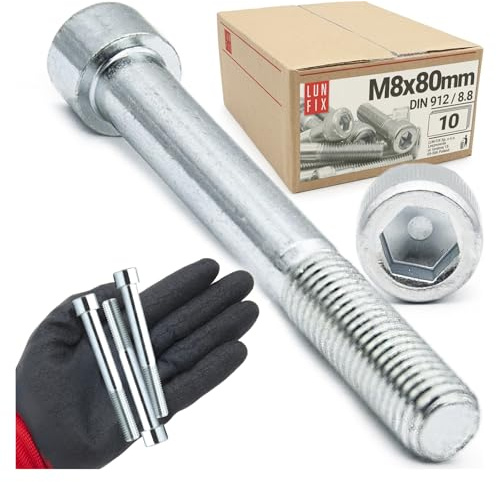 LUN FIX Zylinderkopfschrauben M8 x 80 mm 10 Stk DIN 912 ISO 4762 8.8 | Teilgewinde, Innensechskant, verzinkt Maschinenschrauben für Metallbau Maschinenbau Industrie Konstruktion