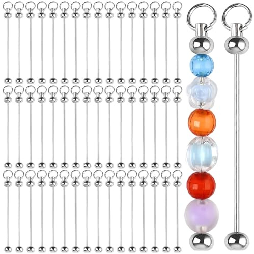 Akamino 50 Pcs Beadable Keychain Bars, Metal Blank Beaded Keychain Charms, 8.5cm/3.35in Detachable Beadable Keychains Making Accessories for Pendant Jewelry Making, DIY Craft, Gift (Silver)