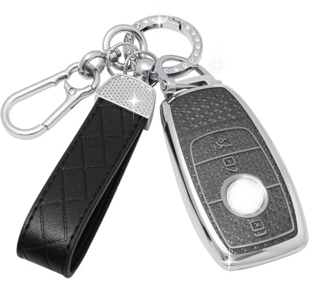 SparkleJoy Autoschlüssel Hülle mit Leder-Schlüsselanhänger Kompatibel mit Mercedes Benz Class A B C E G S CLA CLE CLS GLA GLC GLE GLK Schlüssel, TPU Silikon Schutzhülle Cover - Smart Key