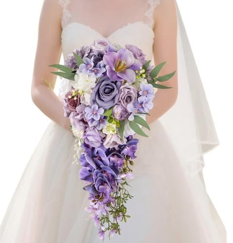 Bridal bouquet for bride and bridesmaids, 11.81-inch purple rose layered bridal bouquet, for wedding and anniversary decoration (purple)