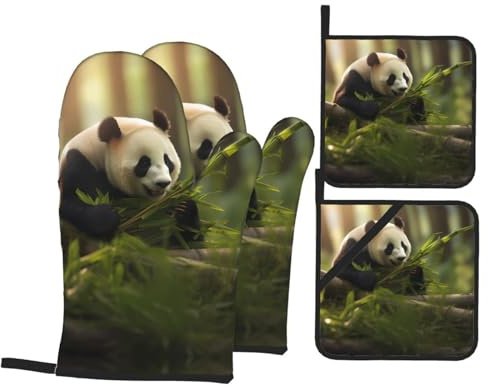 4 pezzi Presine E Guanti Da Barbecue Panda Eating Bamboo Printed Guanti Da Cucina Divertenti Guanti Da Barbecue Per Microonde, Cucina, Cottura Al Forno