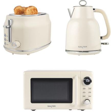 Salter Retro Cream Kettle, Toaster & Microwave Set – 1.7L Rapid Boil Kettle, 2-Slice Toaster with 6 Browning Levels, 20L Digital Microwave with 8 Cook Presets & 25.5cm Glass Turntable