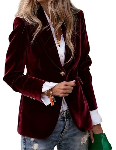 Blazer de terciopelo para mujer, cárdigan casual de negocios abotonado, blazer de solapa con muesca, vintage de ajuste entallado con un botón, traje de trabajo y oficina, rojo vino, 3XL
