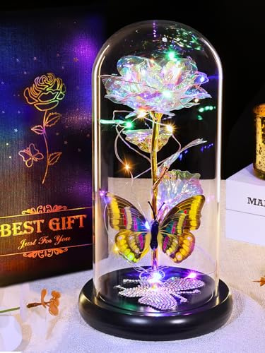 DEEMEI Galaxy Rose in Glass Gifts for Women, Colorful Eternal Rose,Rainbow | Birthday Gifts Light Up Rose in Glass Dome with LED for Her Mum Wife, Sparkling Rhinestone Butterfly on Christmas