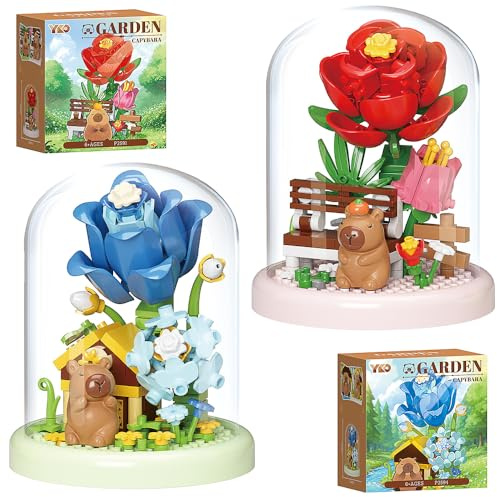 SKIKHN Kit de Construction de Bouquet de Fleur,2 Blocs de Construction en Forme de Fleurs Capybara,Briques de Construction Bouquet de Fleurs avec Housse Antipoussière,Cadeau pour Adultes Roses,Tulipes