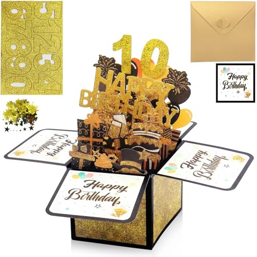 KATLKIU Carte d’Anniversaire 3D Pop Up Dorée avec Chiffres, Étoiles et Enveloppe – Carte de Vœux Élégante pour Femme et Homme