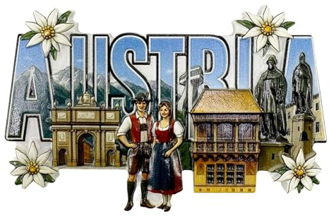 Kühlschrankmagnet Souvenir – Austria Schriftzug mit Alpen Motiv, 3D Magnet – Reiseandenken Mitbringsel & Geschenkidee